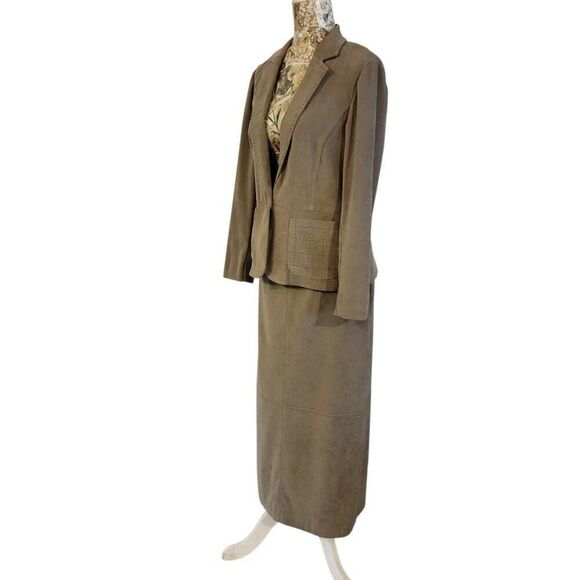 Designer Retro Stitched Soft Mossy Green Long Skirt Suit Brand Norton McNaughton - Picture 5 of 13